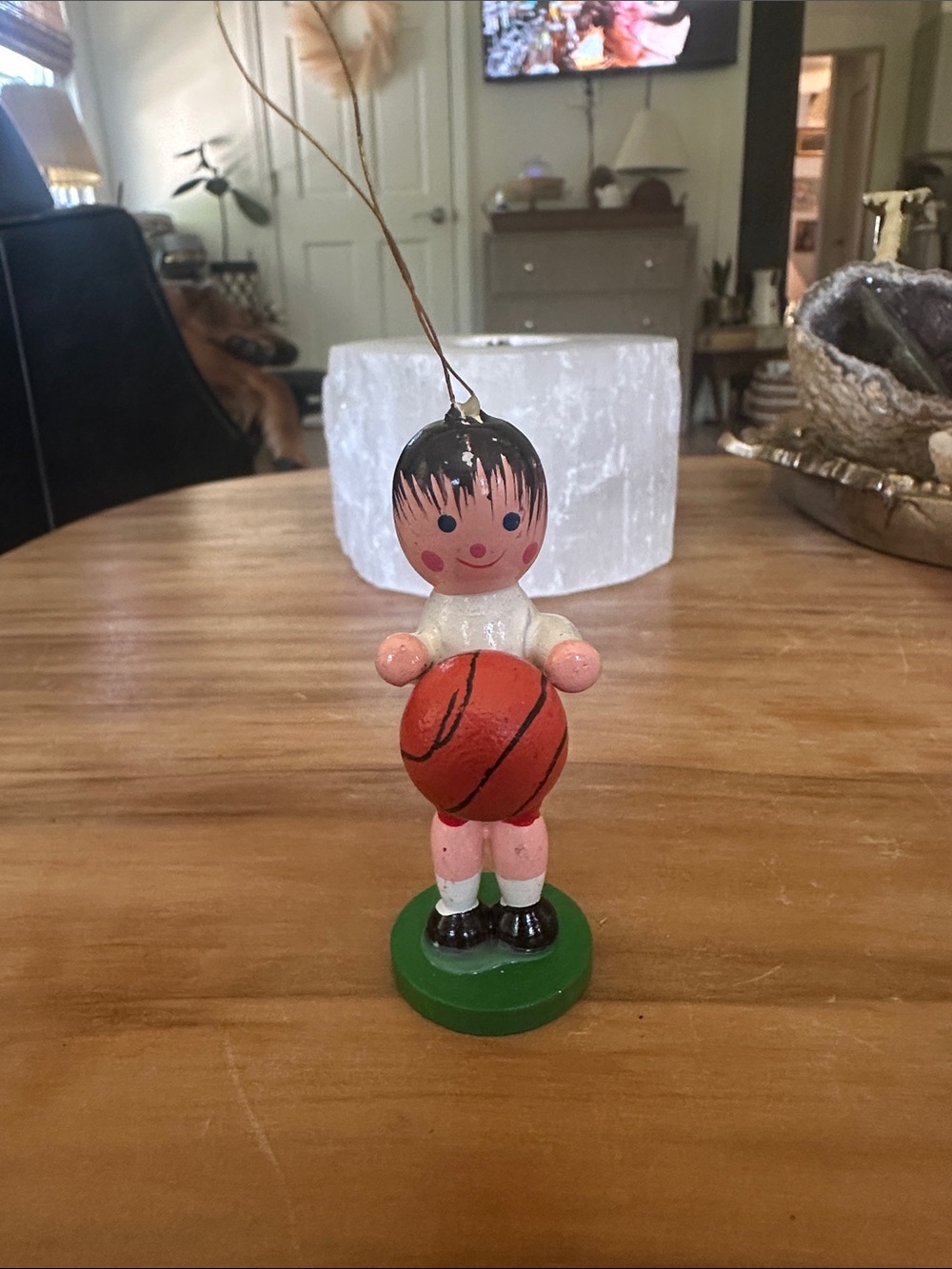 Vintage Wooden Boy Figurine with Basketball ornament